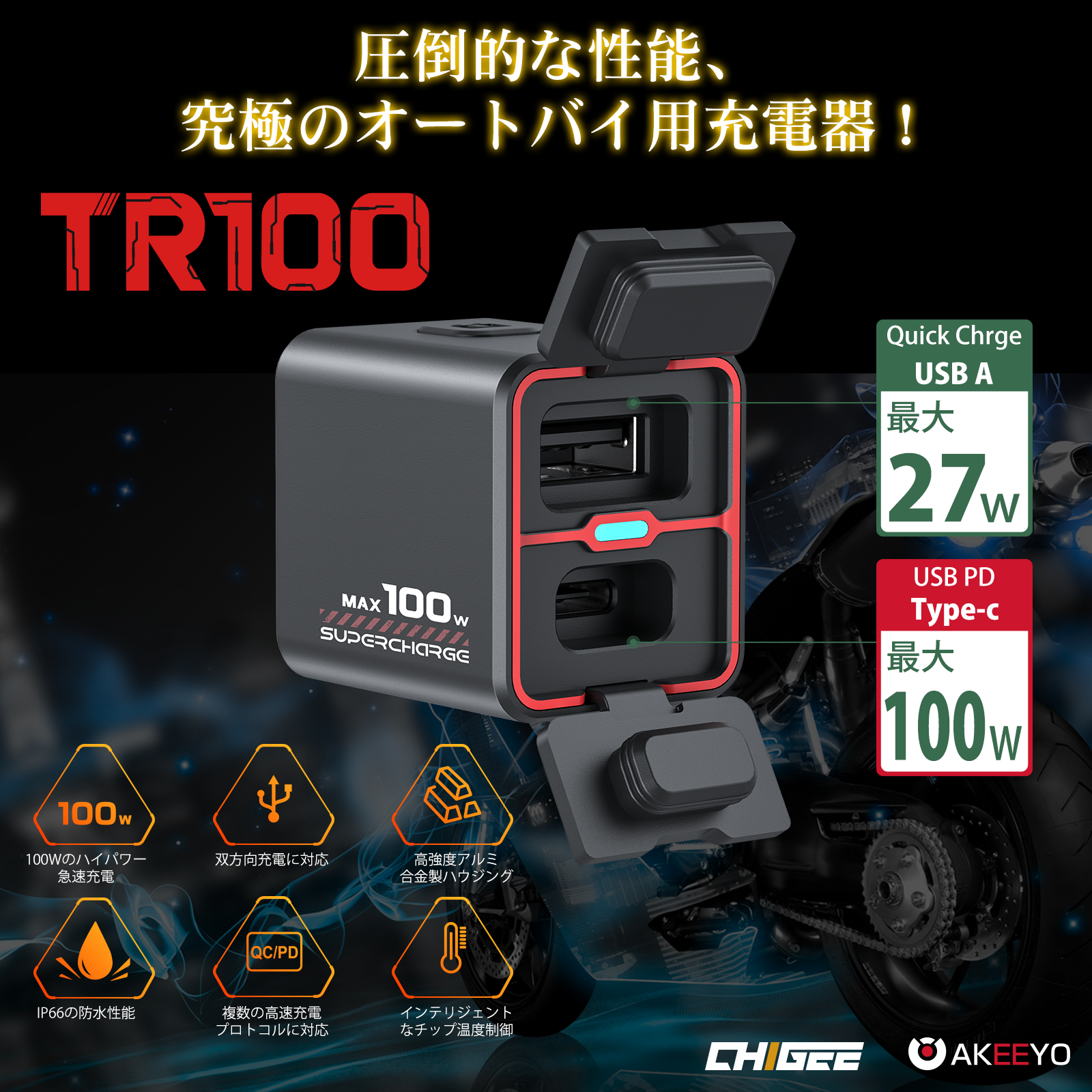 世界初!バイク専用PD急速充電!バイクバッテリー充電ースマホやPC充電双方向充電対応 TR100 / TR65 - AKEEYO