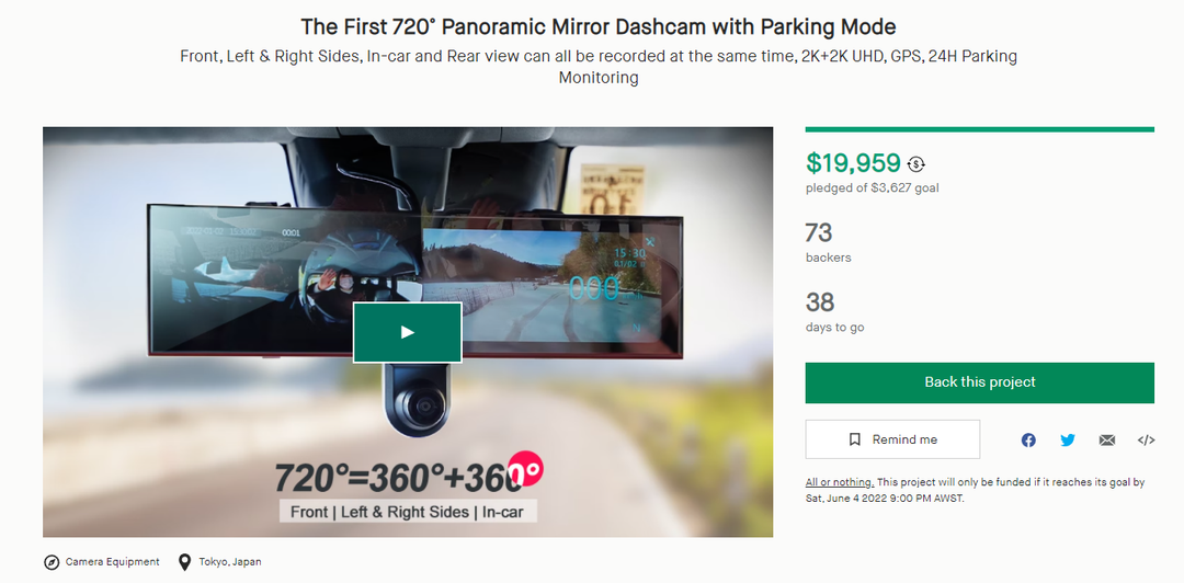 Kickstarter Project Launched - 720˚ Panoramic Mirror DashCam